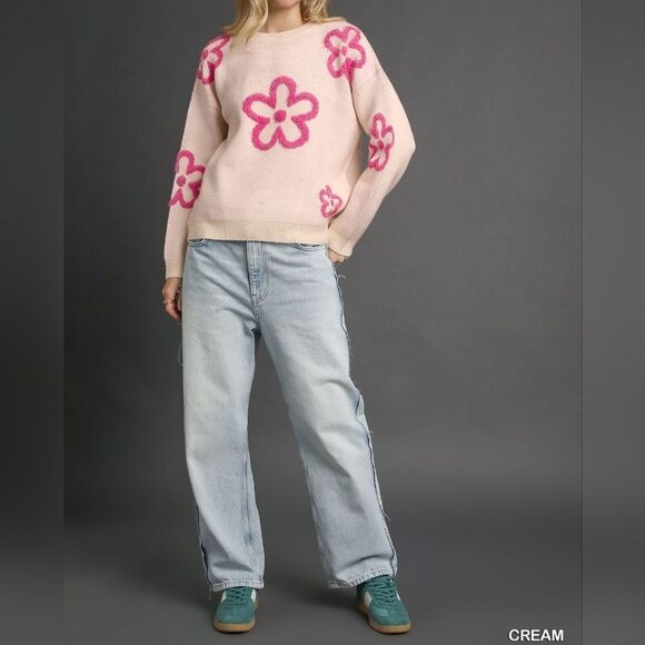 Umgee Round Neck Sweater with Pink Floral Kawaii Large Flower Sz S M - Picture 4 of 8